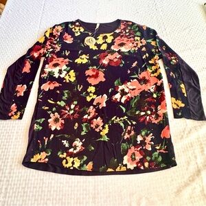 Mai Soli Made in USA Floral Long Sleeve Top Navy Blue Boho Cottagecore Large